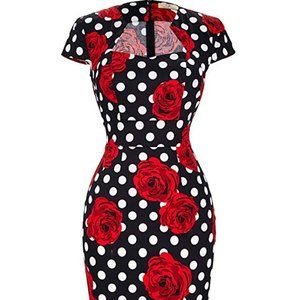 Grace Karin Women's Polka Dot Black & Red Rose Floral Dress Size Small NWT
